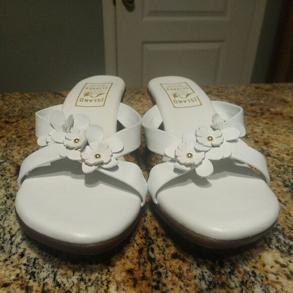 Island Slipper Women's White Leather Flower Slide Wedge Size 11 Sandals - Picture 10 of 11